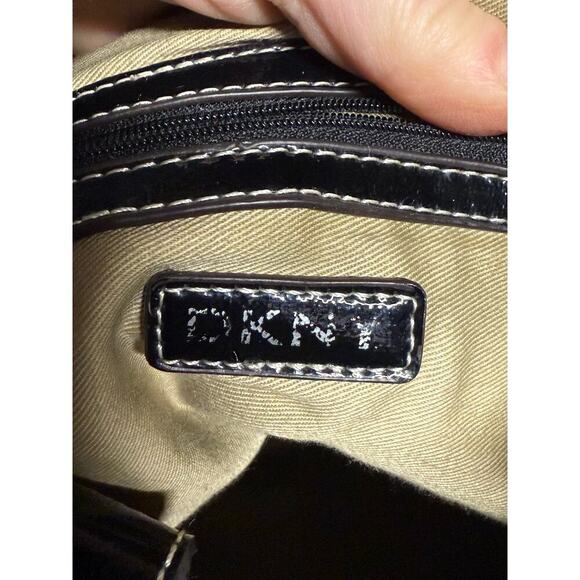 DNKY Black Patent Leather Y2K 80s Dark Academia Goth Handbag Purse Travel Bag - Picture 7 of 8